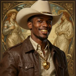 a handsome regal young African-American cowboy with a smirk and gold teeth with a nice eyes catch light, volumetric lighting, D&D, realistic, intricate, cinematic lighting, highly detailed, digital painting, artstation, concept art, smooth, sharp focus, illustration, no crop, full body length art by Greg Rutkowski and Alphonse Mucha and Jacob Lawrence