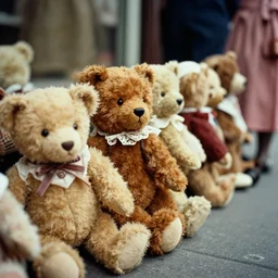 Teddy bears waiting in a queue, 35mm photography, year 1965