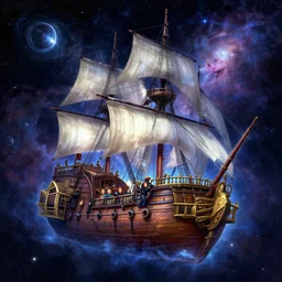 disney treasure planet 2 pirate ship vessel in space nebulae light concept artwork drawing, krenz cushart, gaston bussiere, craig mullins, john harris, simon stalenhag