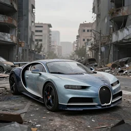 an abandoned bugatti chiron in a post - apocalyptic city