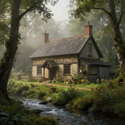 old english cottage by a creek in the forest, thomas kinkade style, cinematic, octane render, art station, dramatic lighting, beautiful foggy morning, concept art, rococo, photorealistic, intense detail, 8 k