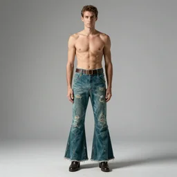 an award - winning photo of a ancient male model wearing a teal boot cut flared distressed medieval designer menswear trousers designed by kapital, 4 k, studio lighting, wide angle lens, 2 0 0 4