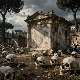 Filmed photo of Rome necropolis, with satanic sculls