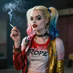 Margot Robbie as a harley quinn smoking a cigarette, smoke cloud, cinematic, 4k, hyper realistic, super detailed