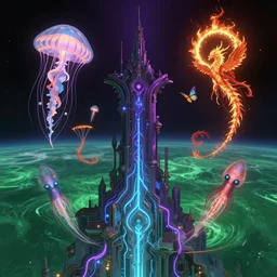 looking from space at green sea and dark purple illusion tower in the back, ornate and intricate, by greg rutkowski, by anton fadeev, by rhads, 4 k, cyber punk style, glowing blue veins, purple glowing wires, cyberpunk, dystopian, jellyfish phoenix dragon, butterfly squid, burning halo, intricate artwork by tooth wu and wlop and beeple, greg rutkowski
