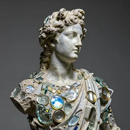 “Apollo statue made of pieces of glass and tin cans, detailed but rough, refracting light, 4k photo, great light and shadows, Sony 175mm”