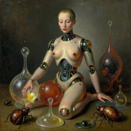 strange seductive futuristic robot body, enticing colorful oil painting dutch golden age vanitas alluring still life sparse composition with bulbous objects strange gooey transparent surfaces shiny torrid metal reflections bizarre mutant meat insects rachel ruysch dali todd schorr very detailed perfect composition rule of thirds masterpiece canon 5 0 mm, cinematic lighting, photography, retro, film, kodachrome