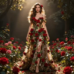 full body image of a beautiful woman covered in ivy and red roses, ornate gown standing in a bed of roses, rim light, dynamic lighting, etherial lighting, ultra - detail, concept art, elegant