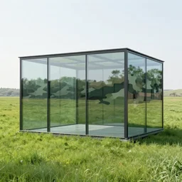 a glass home camouflaged in a meadow