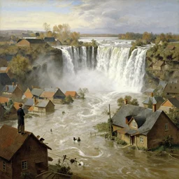 waterfall flooding an entire village. victorian age. highly detailed painting by gaston bussiere, craig mullins, j. c. leyendecker