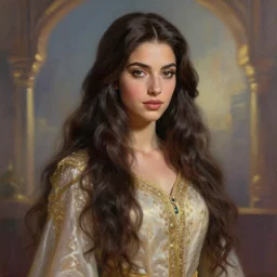 portait princess lalla fatima, centred, very long hair, charmed sexy look, hd, unreal engine, art painting, final fantasy style, amazing background theme