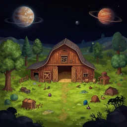 inside a farm barn, on a remote planet, from a space themed point and click 2 d graphic adventure game, detailed, set design inspired slightly by hg giger, art inspired by thomas kinkade