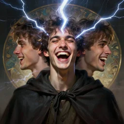 character concept, portrait, symmetrical head - on centralized, laughing young man with dark cape. detailed, high quality, dynamic lightning, fantasy, scenematic. artwork by artgerm, wlop, alex ross, greg rutknowski, alphonse mucha
