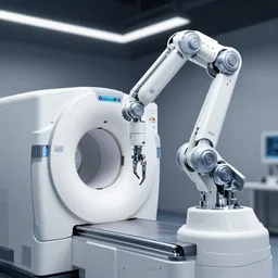 , by daniel simon, tron, a complex thick bifurcated robotic cnc surgical arm cybernetic symbiosis hybrid mri 3 d printer machine making motors in a bio chemical lab, control panels, 4 k, large monitor screens, knobs, natural light in room, octane render f 2 8,