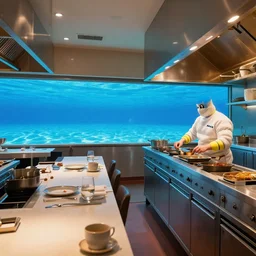 michelin star restaurant interior, kitchen pass replaced with an underwater view of pristine seas