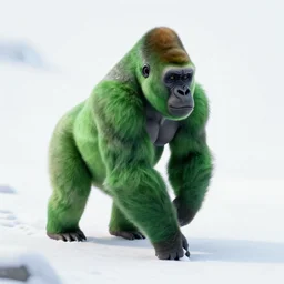 a green gorila walking in snow in mars
