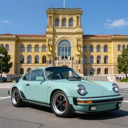 a highly detailed matte painting of a porsche 9 1 1 in the style of greg rutkowski and remedios varo in front of neues rathaus, ultra realistic, detailed, intricate, full of color, 4 k, hyperrealistic, focused, extreme details, masterpiece