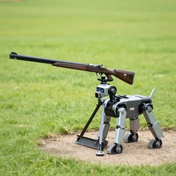 a long-rifle gun mounted on spot, the robot dog