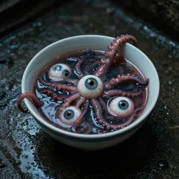 dslr photograph of a bowl eldritch horror soup filled with tentacles and eyeballs on a damp sewer floor, 8 5 mm f 1. 8