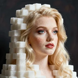 a portrait of Jodie Marsh made of sugar cubes