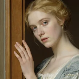 lady in waiting by auguste toulmouche perfect detailed eyes, beautiful hands, pale skin, blonde hair, leaning on door, shift dress