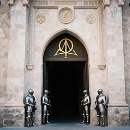 photo of an ancient castel entrance, illuminati signs, armorers, sharp focus, volumetric light, pastels lightings, intricate details, ( ( ( gold intricate ) ) ) photorealism, depth of field, crisp, hasselblad camera, by annie leibovitz and moebius