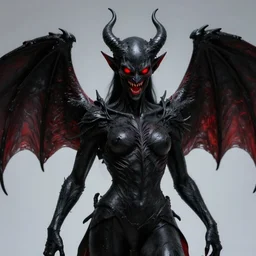 black demon with evil face red eyes red mouth, wings, 8 k, high quality, highly realistic photo realistic