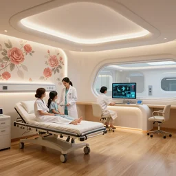 The zen environment of the hospital room of the future, in a the give start hotel in a futuristic spaceship from Singapore, with calming bright lights and a welcoming Japanese rose pattern wall and a breathtaking wooden floor, a doctor and her patient look at a computer screen showing medical graphs