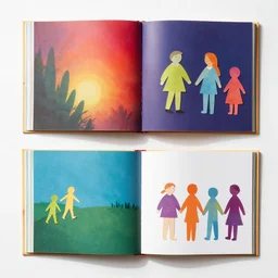 flatlay book collection, vivid colors, dramatic lighting, paper dolls