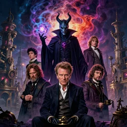 mix of willem dafoe, christopher walken, michael emerson, evil wizard, intricate colorful cosmic smoke magic, victorian steampunk city vista, artstation, style of andreas rocha, hiroshi nagai, dan mcphalin, ian mcque