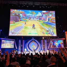 Huge video game tournament with awesome staging, huge projector screens and truss lighting, moment of victory as the crowd cheers and confetti flies through the air, the game on the screens is Super Smash Brothers Ultimate