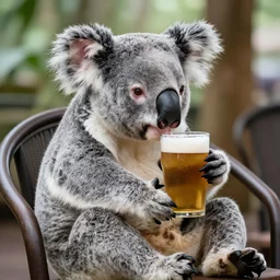 a koala beer sipping on coffee while sitting in a chair, photorealistic,