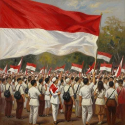 Oil painting of Independence Day Celebration in Indonesia with Indonesian Flag in the background, rembrandt, high detail painting