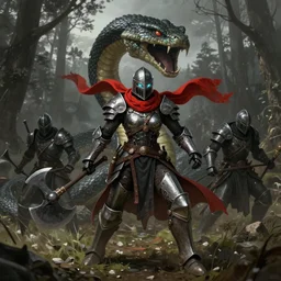 a matte painting of a helmeted female warrior wearing battle worn bionic armor with a red scarf billowing behind her fighting a monstrous snake creature with an axe in the forest plains of north yorkshire, good value control, concept art, digital painting, sharp focus, fight scene, power armor, (((knight))), dark souls, elden ring, battle angel, symmetrical, single character full body, 4k, illustration, glowing eyes, rule of thirds, centered, moody colors, moody lighting,