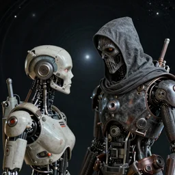 Cinestill 50d, 8K, 35mm, beautiful ultra realistic, technology, battle ready grim reaper, retrofuturism, highly detailed, artgerm, artstation, extreme closeup three-quarter android portrait, tilt shift LaGrange point orbit background, three point perspective, focus on portrait of two androids;pointé pose; eye contact, kinemacolor, soft lighting