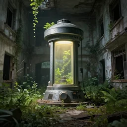 teleportation machine in an abandoned city, forgotten and overgrown with plants, light shining from the machine by rene magritte