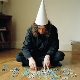 mark e smith sat on the floor, solving a puzzle, wearing a dunce cone hat