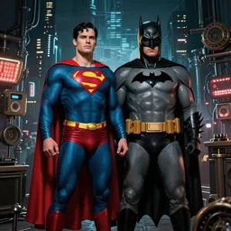 a poster of superman and batman in film noir and steampunk style