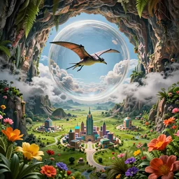 an ultra - realistic massive volume cave : 5, ; bright coloured natural flowers and ferns : 1 ; miniature tiny futuristic city : 3 ; open plains : 5, mysterious clouds : 2, highly symmetrical, a pterodactyl flying in a huge perfect glass sphere, octane render hd, 4 k, ultra - realistic, in unreal engine, trending on artstation, concept art