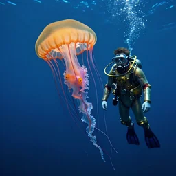 a picture of mysterious colourful underwater jellyfish, being discovered by a man in a steampunk diving suit. water is deep aquamarine coloured. poster art by james jean, concept art, behance contest winner, very detailed, award - winning. lovecraftian, cosmic horror, bioluminescence.