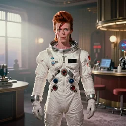 photorealistic medium shot cinematography of a david bowie in a cheesy 5 0's space suit acting as a man from outter space in a twilight zone episode that takes place in an art deco lab shot on film at magic hour with the sun shining into a large 6 0's hotel lobby room filled with volumetric haze by the shining cinematographer john alcott on a cooke panchro 6 5 mm macro lens.