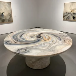 table warping and diffusing around itself art exhibit, very detailed photo