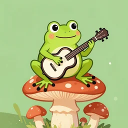 frog playing banjo on top of mushrooms, digital illustration