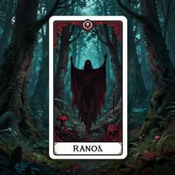 fantasy forest, lush, epic fantasy, dark cyan accents, dark red accents, tarrot card