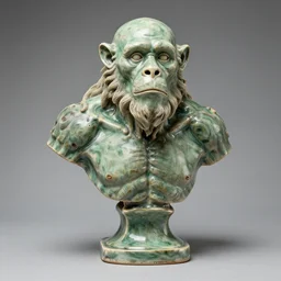 a bust sculpture of  anatomical detailed neandertal, green blod, become feline, ceramic base, front view, studio lighting