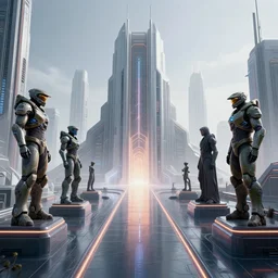a minimalist scifi brutalist futuristic temple city exterior with neon walkways and statues to the tech gods, high dynamic range, ilm, beeple, star citizen, halo, mass effect, bladerunner, elysium