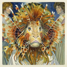 realistic detailed face portrait of an elaborately dressed beautiful lionfish saint by alphonse mucha, ayami kojima, amano, charlie bowater, karol bak, greg hildebrandt, jean delville, and mark brooks, art nouveau, pre - raphaelite, gothic, neogothic, coral reef by ernst haeckel, fantasy character concept design, moody colors