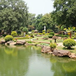 a beautiful aesthetic indian garden on a lake, surrounded by rocks and trees, summer, central india, 1 9 9 0 s, by alex webb, by gregory crewdson, featured on architecture daily, shot on large format film, grainy, cinematic composition, beautiful volumetric lighting, no frames
