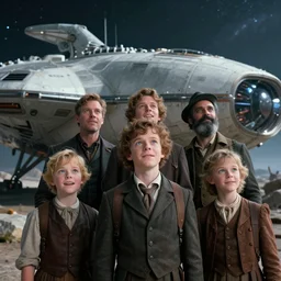 extremely sharply detailed, from modern sci fi 8 k color movie freeze frame, set in 1 8 6 0, family standing in front of a crashed spaceship, on alien planet, looking happy, wearing 1 8 5 0 s era clothes, atmospheric lighting, in focus, reflective eyes, 3 5 mm macro lens, live action, nice composition, good photography, clear facial details