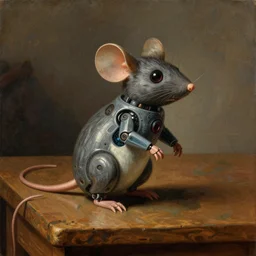 a retro future half - robot mouse on a wooden table, digital renaissance painting, caravaggio